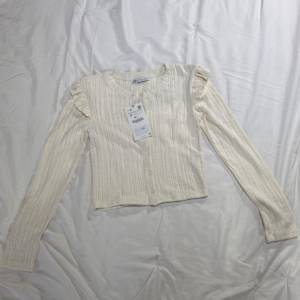 ZARA pointelle ruffle sleeve cardigan